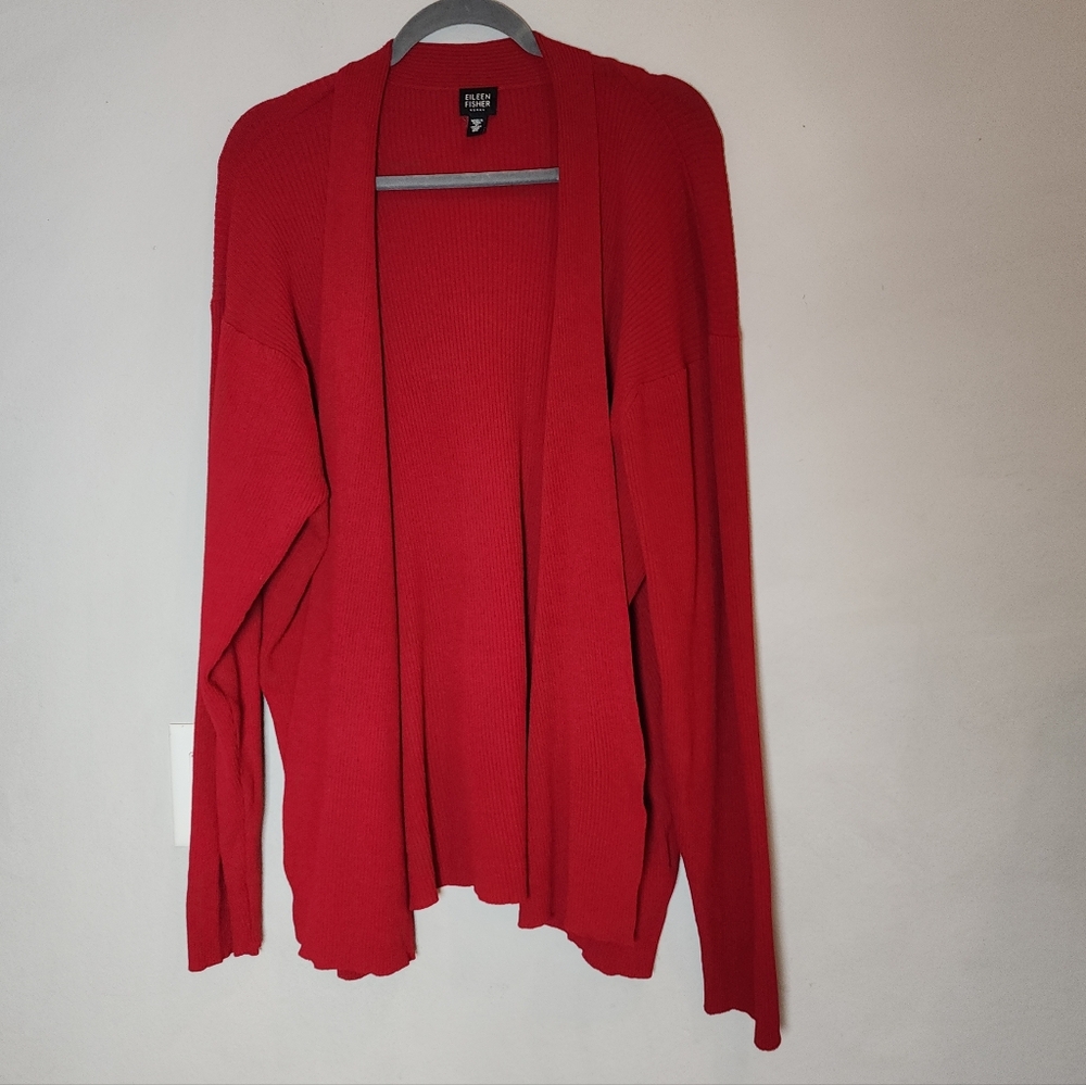 Eileen Fisher Red Ribbed Stretchy Open Front Cardigan Size 2X